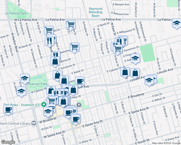 map of restaurants, bars, coffee shops, grocery stores, and more near 555 East Afton Lane in Anaheim