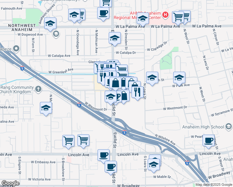 map of restaurants, bars, coffee shops, grocery stores, and more near 590 N Euclid St in Anaheim