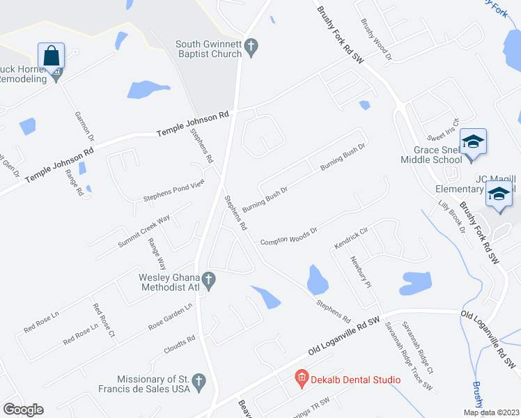 map of restaurants, bars, coffee shops, grocery stores, and more near 1320 Burning Bush Drive in Loganville