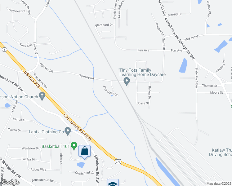 map of restaurants, bars, coffee shops, grocery stores, and more near 4058 Five Oaks Court in Powder Springs