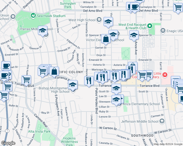 map of restaurants, bars, coffee shops, grocery stores, and more near 21006 Henrietta Street in Torrance