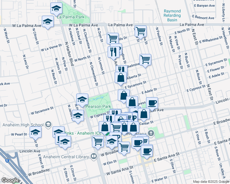 map of restaurants, bars, coffee shops, grocery stores, and more near 126 West Sycamore Street in Anaheim