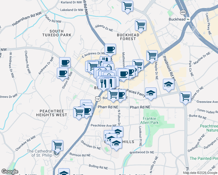 map of restaurants, bars, coffee shops, grocery stores, and more near in Atlanta