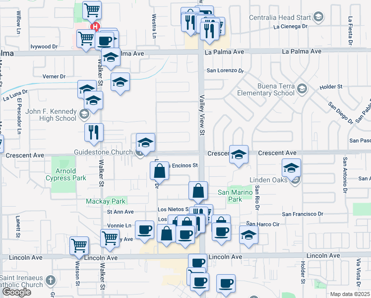map of restaurants, bars, coffee shops, grocery stores, and more near 5917 Crescent Avenue in Buena Park