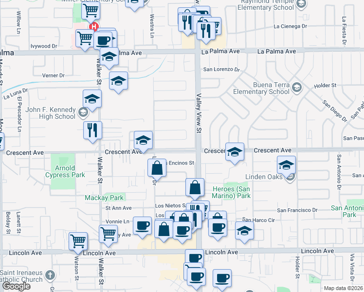 map of restaurants, bars, coffee shops, grocery stores, and more near 5917 Crescent Avenue in Buena Park