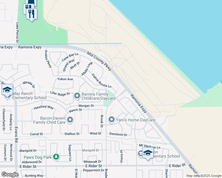 map of restaurants, bars, coffee shops, grocery stores, and more near 1539 Palma Bonita Lane in Perris