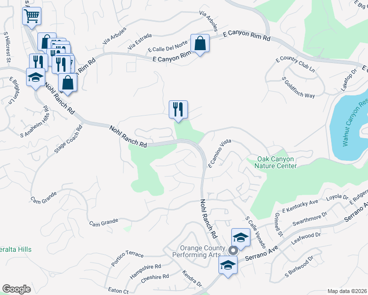 map of restaurants, bars, coffee shops, grocery stores, and more near 6451 East Shady Valley Lane in Anaheim