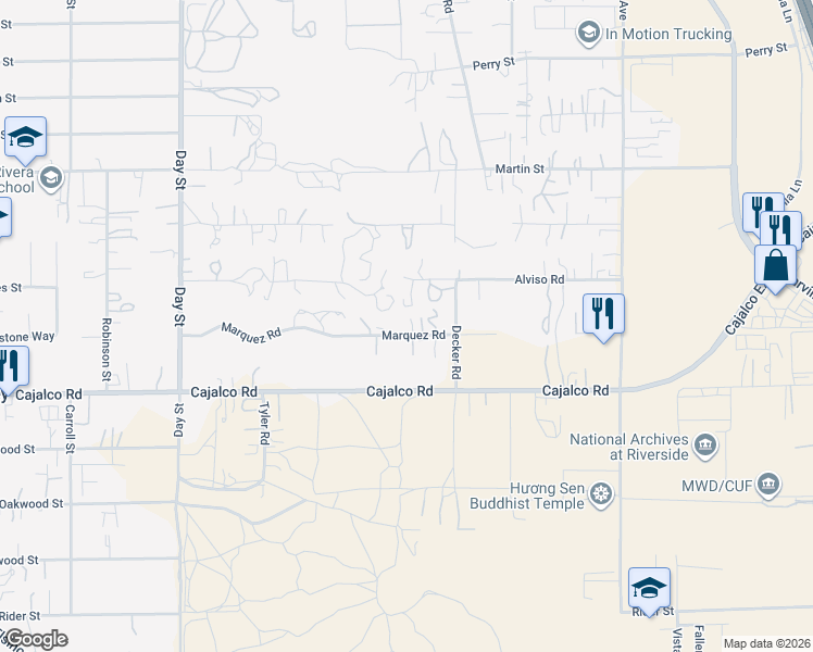 map of restaurants, bars, coffee shops, grocery stores, and more near 22521 Alviso Drive in Perris