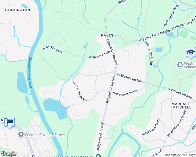 map of restaurants, bars, coffee shops, grocery stores, and more near 1894 West Wesley Road Northwest in Atlanta