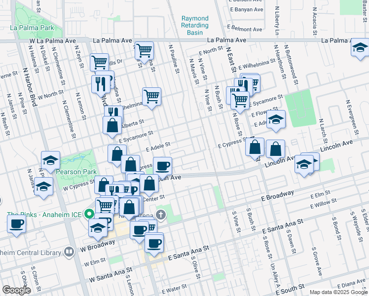 map of restaurants, bars, coffee shops, grocery stores, and more near 555 East Afton Lane in Anaheim