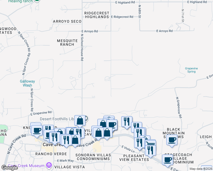 map of restaurants, bars, coffee shops, grocery stores, and more near 39284 North Ridgeway Drive in Cave Creek