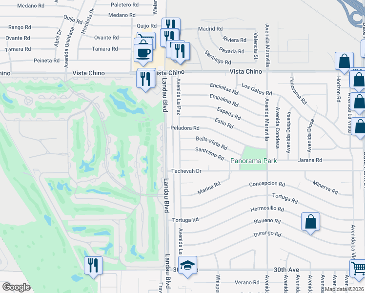 map of restaurants, bars, coffee shops, grocery stores, and more near 28585 Avenida La Paz in Cathedral City