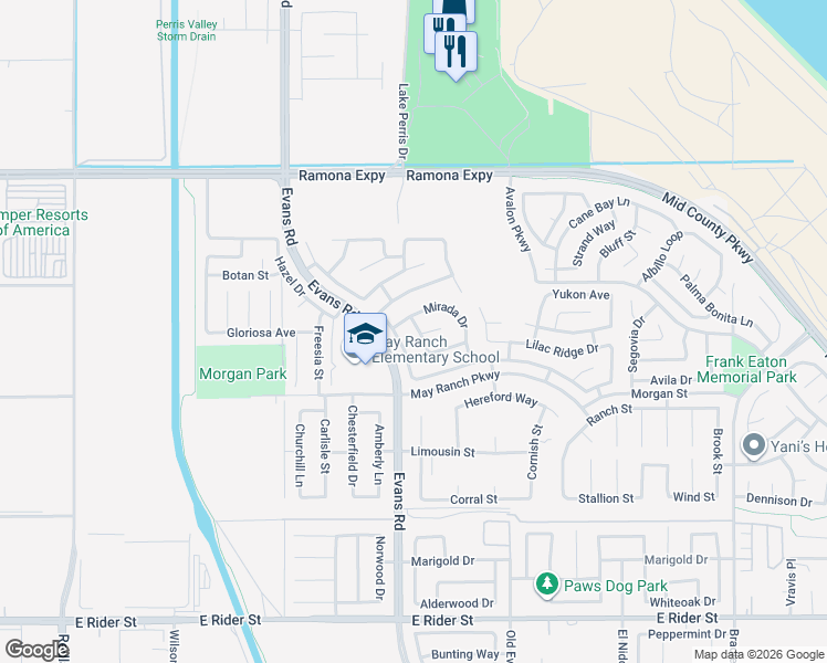 map of restaurants, bars, coffee shops, grocery stores, and more near 1006 Mirada Drive in Perris