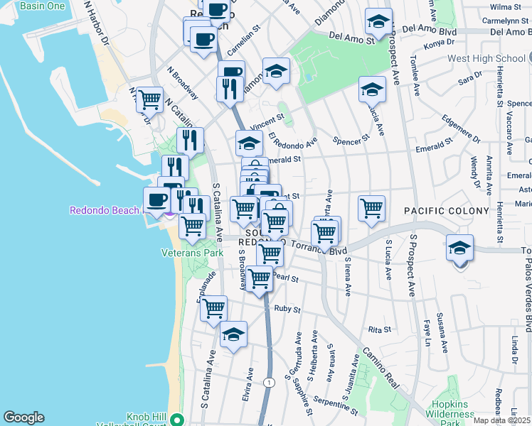 map of restaurants, bars, coffee shops, grocery stores, and more near 201 Camino Real in Redondo Beach
