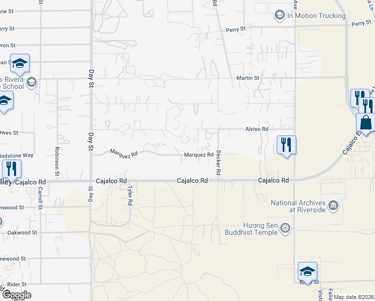 map of restaurants, bars, coffee shops, grocery stores, and more near 22521 Alviso Drive in Perris