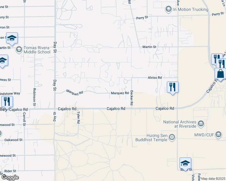 map of restaurants, bars, coffee shops, grocery stores, and more near Marquez Road in Perris