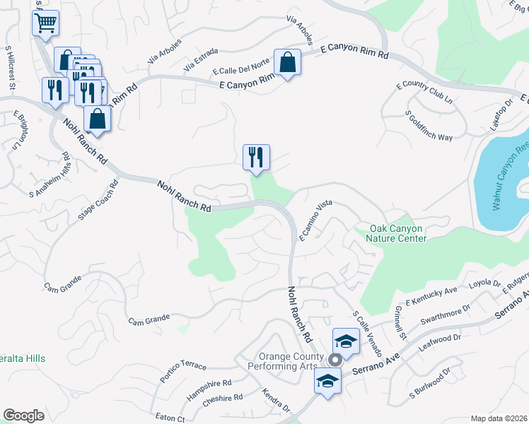 map of restaurants, bars, coffee shops, grocery stores, and more near 6451 East Shady Valley Lane in Anaheim