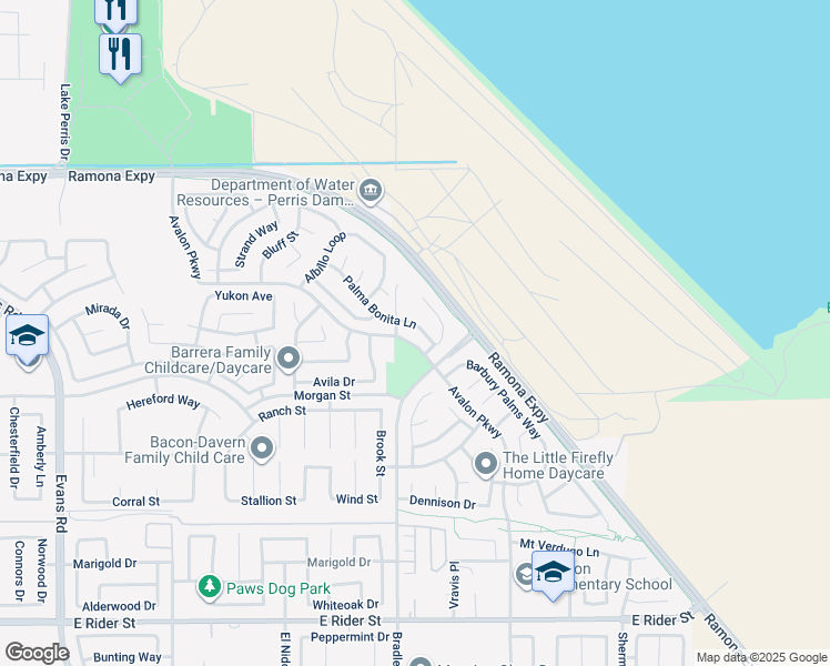 map of restaurants, bars, coffee shops, grocery stores, and more near 1539 Palma Bonita Lane in Perris