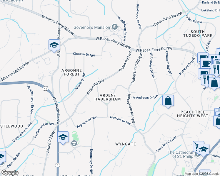 map of restaurants, bars, coffee shops, grocery stores, and more near 3086 East Pine Valley Road Northwest in Atlanta