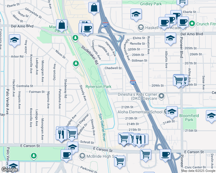 map of restaurants, bars, coffee shops, grocery stores, and more near 20823 Longworth Avenue in Lakewood