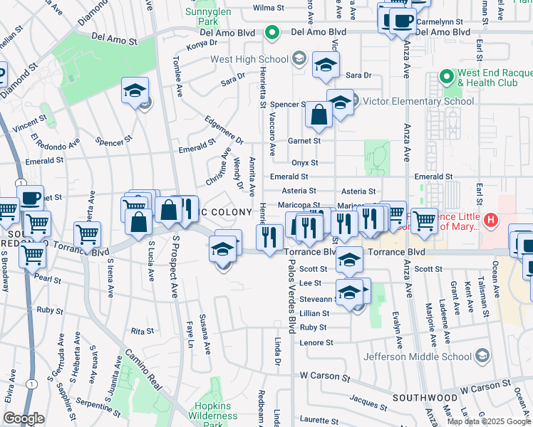 map of restaurants, bars, coffee shops, grocery stores, and more near 21006 Henrietta Street in Torrance
