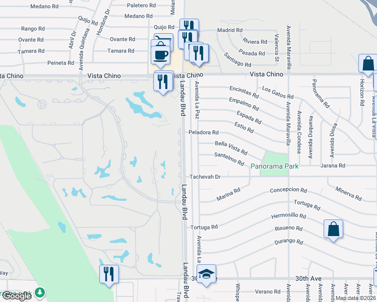 map of restaurants, bars, coffee shops, grocery stores, and more near 28670 Landau Boulevard in Cathedral City