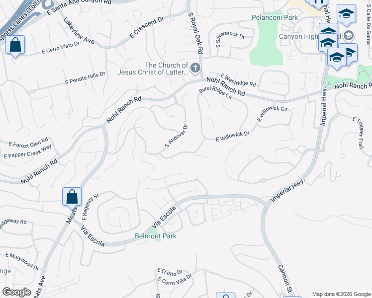 map of restaurants, bars, coffee shops, grocery stores, and more near 5291 East Nantucket Lane in Anaheim