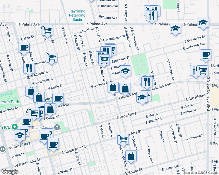 map of restaurants, bars, coffee shops, grocery stores, and more near 210 North East Street in Anaheim