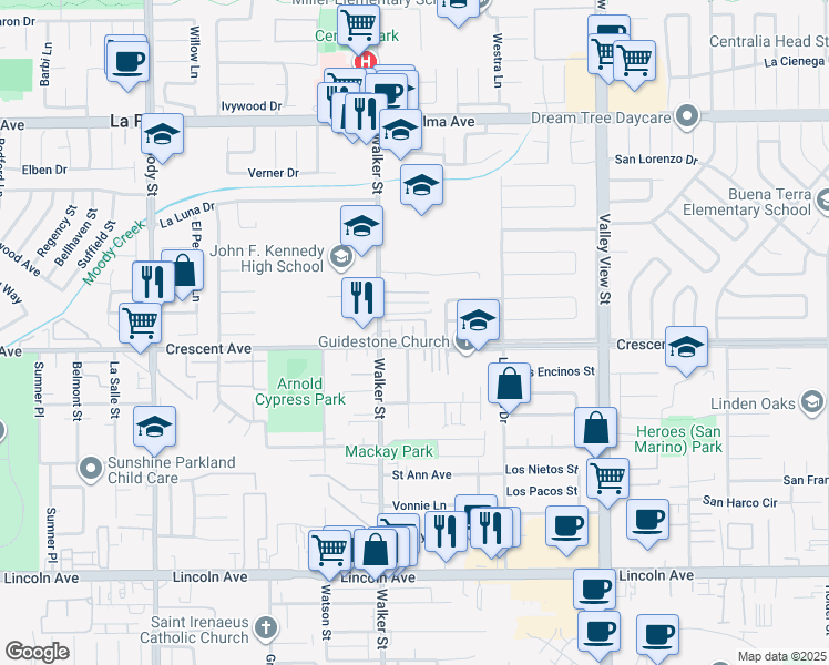 map of restaurants, bars, coffee shops, grocery stores, and more near 8410 Walker Street in La Palma