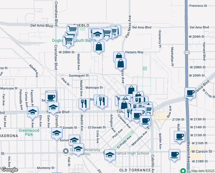 map of restaurants, bars, coffee shops, grocery stores, and more near 639 Sartori Avenue in Torrance