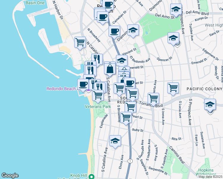 map of restaurants, bars, coffee shops, grocery stores, and more near 202 New High Court in Redondo Beach