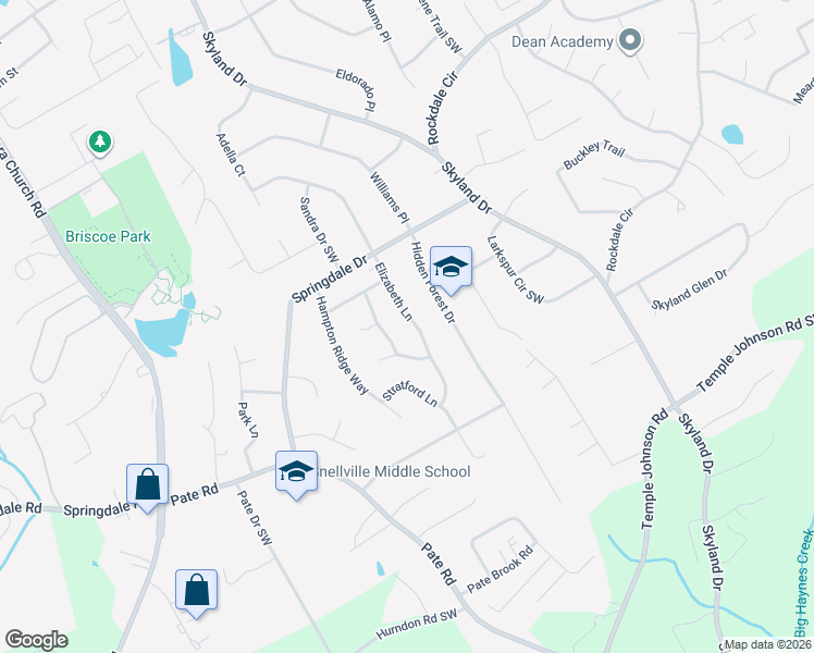 map of restaurants, bars, coffee shops, grocery stores, and more near 3095 Elizabeth Lane in Snellville