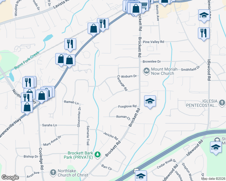 map of restaurants, bars, coffee shops, grocery stores, and more near 3970 Oberlin Court in Tucker