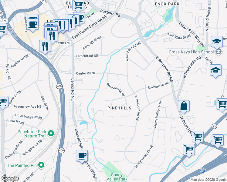 map of restaurants, bars, coffee shops, grocery stores, and more near 3145 Towerview Drive Northeast in Atlanta