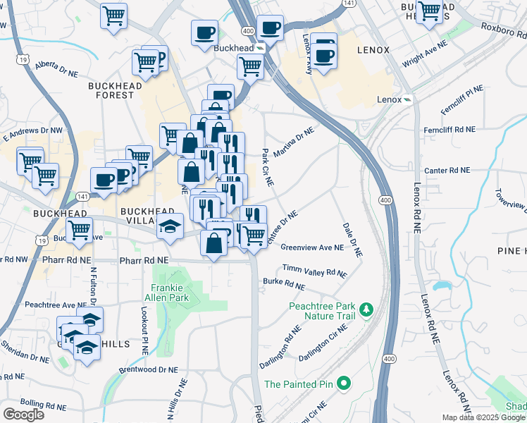 map of restaurants, bars, coffee shops, grocery stores, and more near 603 East Paces Ferry Road Northeast in Atlanta