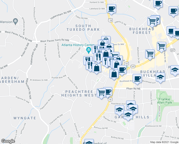 map of restaurants, bars, coffee shops, grocery stores, and more near 3130 Slaton Drive Northwest in Atlanta