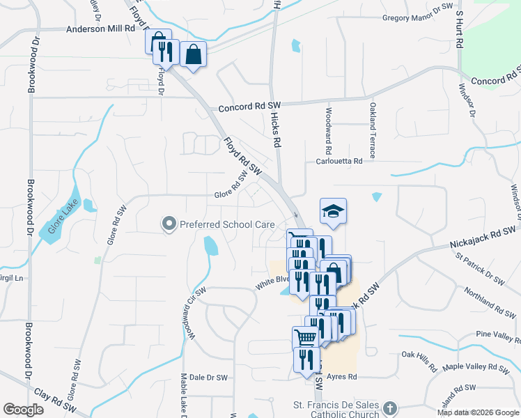 map of restaurants, bars, coffee shops, grocery stores, and more near 4692 Floyd Road Southwest in Mableton