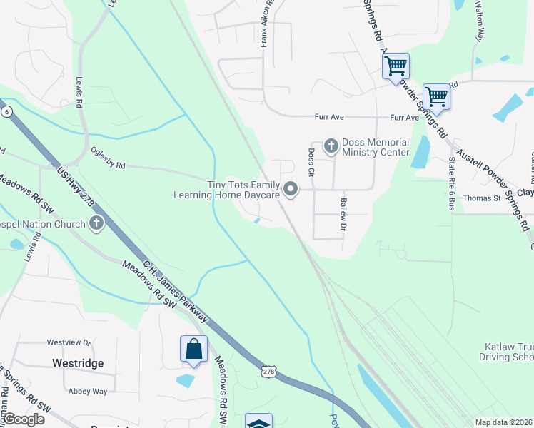 map of restaurants, bars, coffee shops, grocery stores, and more near 4058 Five Oaks Court in Powder Springs