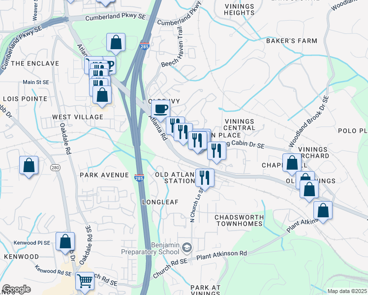 map of restaurants, bars, coffee shops, grocery stores, and more near 4644 Log Cabin Drive Southeast in Smyrna