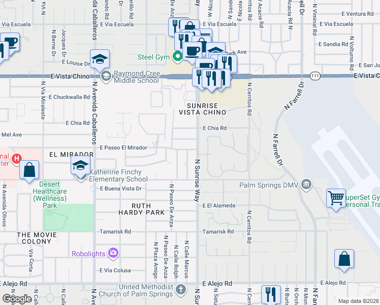 map of restaurants, bars, coffee shops, grocery stores, and more near 1617 East Paseo El Mirador in Palm Springs