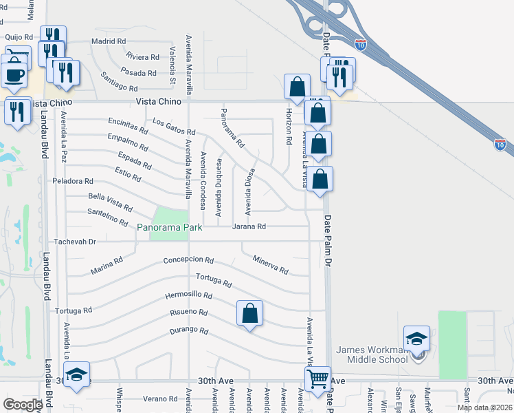 map of restaurants, bars, coffee shops, grocery stores, and more near 28620 Avenida Diosa in Cathedral City