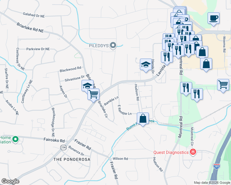 map of restaurants, bars, coffee shops, grocery stores, and more near 3665 Lavista Road in Decatur