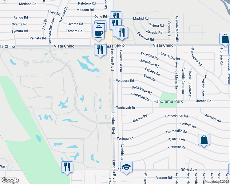 map of restaurants, bars, coffee shops, grocery stores, and more near 28585 Avenida La Paz in Cathedral City