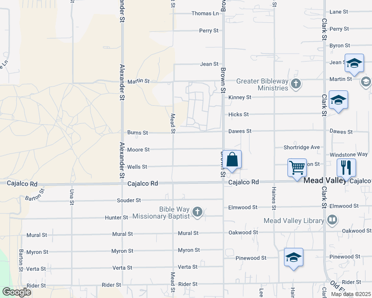 map of restaurants, bars, coffee shops, grocery stores, and more near Moore Street in Mead Valley
