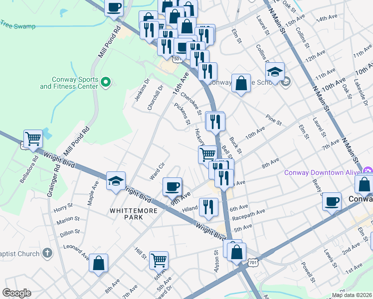 map of restaurants, bars, coffee shops, grocery stores, and more near 1539A Tinkertown Avenue in Conway
