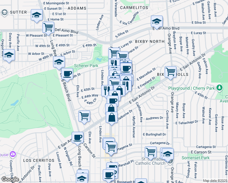 map of restaurants, bars, coffee shops, grocery stores, and more near 4494 Atlantic Avenue in Long Beach