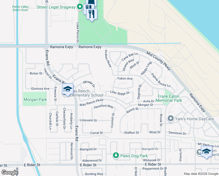 map of restaurants, bars, coffee shops, grocery stores, and more near 1217 Manderin Place in Perris