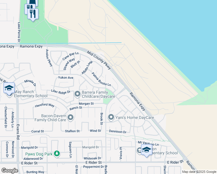 map of restaurants, bars, coffee shops, grocery stores, and more near 1525 Palma Bonita Lane in Perris