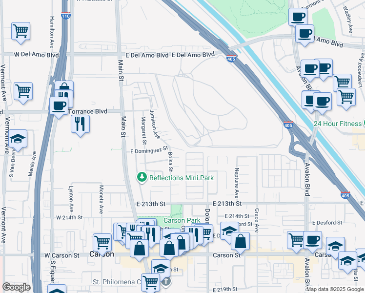 map of restaurants, bars, coffee shops, grocery stores, and more near 267 East Dominguez Street in Carson