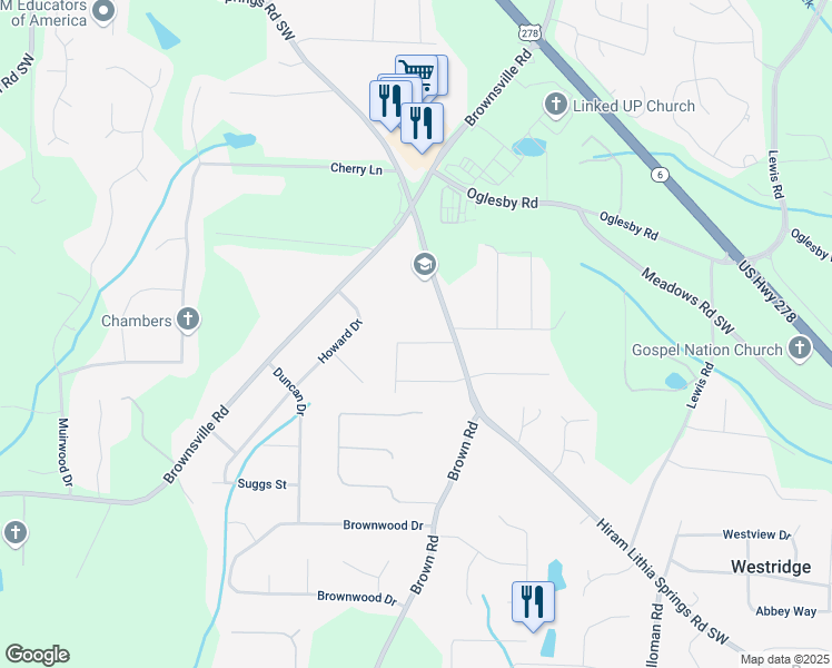 map of restaurants, bars, coffee shops, grocery stores, and more near 4980 Cheryl Circle in Powder Springs